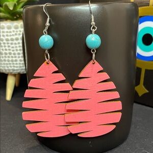 Pink and Turquoise Hand—Painted Wood Earrings